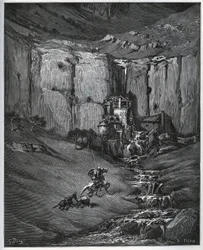 Don Kichot i Sancho Pansa odkrywają, co spowodowało ich niepokój, wodospad i młyn faulon – z „Don Kichota z Manchy” Miguela Cervantesa (1547-1616) (Don Kichota) – Drzeworyt według rysunku Gustave