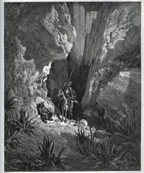 Don Kichot i Sancho Pansa znajdują rzeczy podróżnika – z „Don Kichota z Manchy” Miguela Cervantesa (1547-1616) (Don Kichota) – Drzeworyt według rysunku Gustave