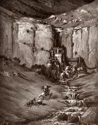Don Kichot i Sancho Pansa widzą wodospad i hałaśliwe rudery (Don Kichot i Sancho Pansa widzą wodospad i hałaśliwe rudery) Rycina Gustave Dore (1832-1883) dla „The Ingenieux Hidalgo Don Quixote de la Mancha (Quixotte - Quijote)” autorstwa Miguel de Cerva