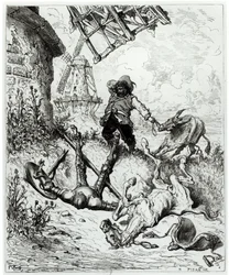 Don Kichot i wiatraki, z „Don Kichota z La Manchy” Miguela de Cervantesa (1547-1616), rytował Héliodore Joseph Pisan (1822-90)