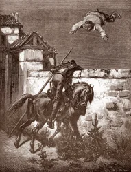Don Kichotowi nie udaje się powstrzymać wyrzutni Sancho Panca, którzy każą mu podskakiwać na kocu (napomnienia Don Kichota nie wpływają na rzucających) Rycina Gustave