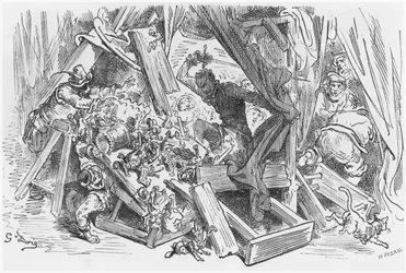 Don Kichot walczący z marionetkami, ilustracja z "Don Kichota z Manczy" Miguela Cervantesa (1547-1616), rytowana przez Heliodora Josepha Pisana (1822-90)