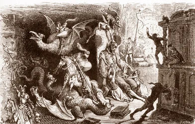 Don Kichot myśli tylko o czynach rycerskich Rycina Gustave Dore (1832-1883) dla „L