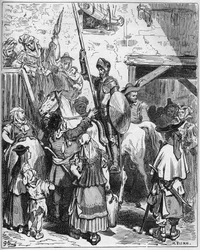 Don Kichot myślał, że korzysta z gościnności lorda, odmówił płacenia hotelarzowi - z „Don Kichota z Manchy” Miguela Cervantesa (1547-1616) (Don Kichota) - Drzeworyt wg rysunku Gustave