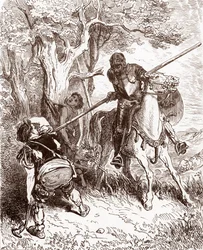 Don Kichot grozi chłopowi, który przewoził pasterza Rycina Gustave Dore (1832-1883) dla „L