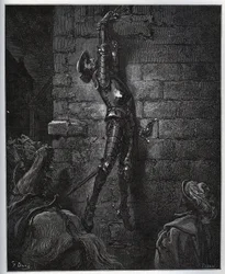 Don Kichot, schwytany przez córkę karczmarza i Maritornes, zwisa z okna. - z «Don Kichota z La Manchy» Miguela de Cervantesa (1547-1616) (Don Kichot) - Drzeworyt według rysunku Gustave