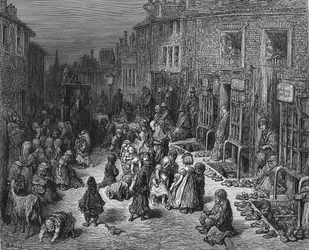 "Dudley Street, Seven Dials" : Z Gustave Dore i Blanchard Jerrold London: A Pilgrimage London 1872. Niechlujne, brudne dzieci bawią się na ulicy, podczas gdy taksówka próbuje przejechać, nie miażdżąc ich. Drzeworyt