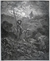 Pierwsze objawienie Deguenille-de-la-Malaise-Mine – z „Don Kichota de la Mancha” Miguela Cervantesa (1547-1616) (Don Kichota) – Drzeworyt wg rysunku Gustave