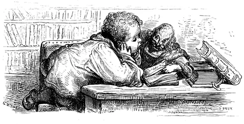 Edukacja Ganta Gargantui: uczy się czytać ze swoim preceptorem. Ilustracja Gustave