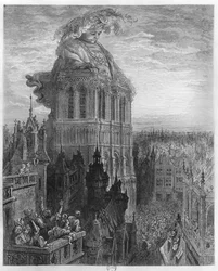Gargantua na wieżach Notre-Dame w Paryżu, ilustracja z „Gargantui” François Rabelais