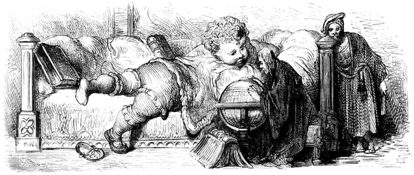 Edukacja Gargantui: gigant, dziecko, leży na łóżku, studiując globus ze swoimi nauczycielami. Ilustracja Gustave