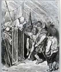 Jak pozbyć się Don Kichota. Ludzie z hotelowego sklepu postanowili go zamknąć, wmawiając mu nowe zaklęcie i nowy rycerski test - z „Don Kichota z Manchy” Miguela Cervantesa (1547-1616) (Don Kichota) - Drzeworyt po rysunku
