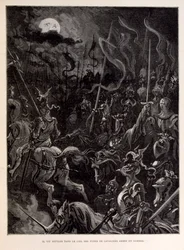 Ilustracja przedstawiająca rycerzy podczas bitwy w księżycowy wieczór.