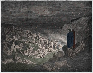 Inferno, Canto 14: Gwałtowni, dręczeni w deszczu ognia, ilustracja z "Boskiej komedii" Dantego Alighieri