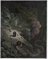 Piekło, pieśń 17: Geryon, symbol oszustwa, ilustracja z „Boskiej komedii” Dantego Alighieri, 1885