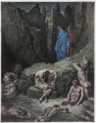 Piekło, pieśń 29: Wergiliusz gani ciekawość Dantego, ilustracja z „Boskiej komedii” Dantego Alighieri, 1885