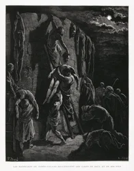 Jabesz-Gileadczycy odzyskują ciała Saula i jego synów, ilustracja z Biblii Dore