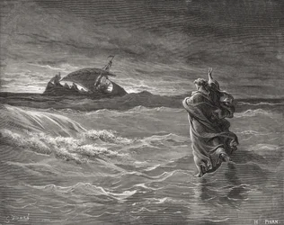 Jezus kroczący po morzu, Jan 6:19-21, ilustracja z „Pismo Świętej” Dore