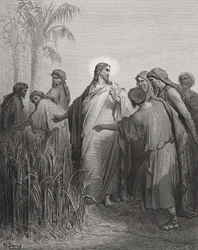 Jezus i jego uczniowie na polu zboża, ilustracja z „Biblii Świętej” Dorégo, rytowana przez Pannemakera, 1866