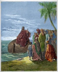 Jezus nauczający nad Jeziorem Genezaret (Genesareth, Ginosar lub Kinneret) (Jezioro Tyberiadzkie) (Morze Galilejskie) - Jezus nauczający nad Morzem Galilejskim - rycina w „Biblii ilustrowanej” Gustave
