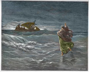 Jezus idący po wodach Jeziora Tyberiada - Jezus idący po morzu (woda) - grawer w „The Bible illustree” Gustave