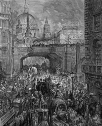 "Ludgate Hill": Z Gustave Dore i Blanchard Jerrold London: A Pilgrimage London 1872. Scena korków ulicznych, wiadukt kolejowy (w środku) i kopuła kościoła św. Pawła. Drzeworyt