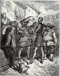 Maese Pedro i małpa wróżbiąca - z „Don Kichota z Manchy” Miguela Cervantesa (1547-1616) (Don Kichota) - Drzeworyt wg rysunku Gustave