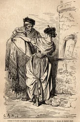 Mężczyzna i kobieta z ludu mają fontannę w Carmona, wiosce niedaleko Sewilli. Szkic wykonany na żywo przez Gustave Dore (1832-1883). Rycina ilustrująca podróż w Hiszpanii, w 1862 r. autorstwa Charlesa Davilliera i Gustave