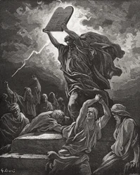 Mojżesz rozbija Tablice Prawa, Księga Wyjścia 32:19, ilustracja z 