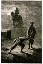 Nocny pojedynek w świetle księżyca między baronem de Sigognac i Jacqueminem Lampourde, pod konnym posągiem króla z brązu. Rycina Gustave