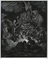 Lampka nocna, w której Don Kichot opowiada historię świata kozom i Sancho Pansa – z „Don Kichota z Manchy” Miguela Cervantesa (1547-1616) (Don Kichota) – Drzeworyt wg rysunku Gustave