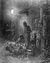 Off Billingsgate, widok na Harrow Alley, z „Londyn, pielgrzymka”, napisany przez Williama Blancharda Jerrolda (1826-84), ryty przez Heliodore Joseph Pisan (1822-90), wyd. 1872