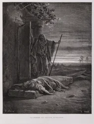 Oburzenie w Gibea, Lewita niesie swoją martwą konkubinę, ilustracja z Biblii Dore