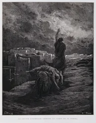 Oburzenie w Gibea, Lewita niesie swoją martwą konkubinę, ilustracja z Biblii Dore