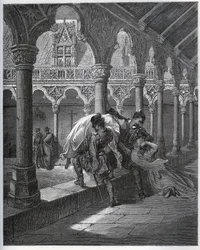 Recytacja Don Fernanda; zabiera Luscinde z klasztoru, w którym się schroniła - przed „Don Kichotem z Manchy” Miguela Cervantesa (1547-1616) (Don Kichota) - Drzeworyt wg rysunku Gustave