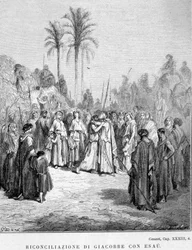 Pojednanie Jakuba i Ezawa. Genesis, XXXIII, 4. Ilustracja Gustave Doré.