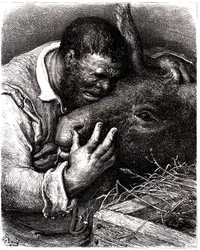 Sancho Pansa płacze, całując osła