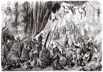 Sindbad Żeglarz (Sinbad) - opowieść z tysiąca i jednej (1001) nocy - ilustracja Gustave Dore - wydanie Maxwell 1865 - Szósta podróż: dwór króla Serendibu