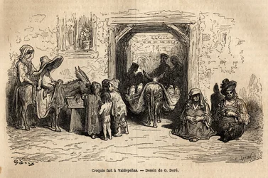 Szkic wykonany na żywo: żebracy w Valpadenas (Channel). Grawer ilustrujący podróż do Hiszpanii autorstwa Gustave Dore (1832-1883) ilustratora i barona Ch. Reaktor Davillier, w 1862 r., opublikowany w „Le tour du monde, nouveau journal des voyages”, pod