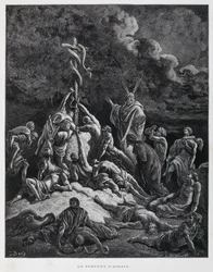 Mojżesz zrobił więc węża z brązu i umieścił go na palu. Liczb 21:7, ilustracja z Biblii Dore