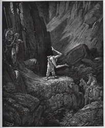 Akrobatyczna pokuta Don Kichota w Sierra Morena – z „Don Kichota z Manchy” Miguela Cervantesa (1547-1616) (Don Kichota) – Drzeworyt wg rysunku Gustave Dore