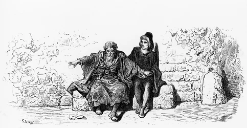 Starożytny marynarz z gościem weselnym pierwsza strona książki „Szron starożytnego marynarza”, autorstwa S.T. Coleridge, wyd. Harper und Sons, Nowy Jork, 1876 (drewno)