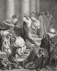 Kupujący i sprzedawcy wypędzeni ze świątyni, Łukasz 19:45-46, ilustracja z „The Holy Bible” Dore