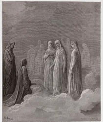 Boska komedia, Raj, Pieśń 3: Pierwsze królestwo: Piccarda Donati i dusze, których śluby zostały złamane - Dante Alighieri (1265-1321) - Ilustracja Gustave