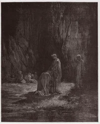 Boska Komedia (La Divina Comedia, La Divine Comedie), Purgatorio, Canto 7: Zdumiony poeta Sordello klęka przed Wergiliuszem - Dante Alighieri (1265-1321) - Ilustracja Gustave Dore (1832-1883)