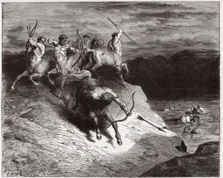 Boska Komedia (La Divina Commedia, La Divine Comedie), Inferno, Canto 12: Centaury atakują dusze we wrzącej krwi - Dante Alighieri (1265-1321) - Ilustracja Gustave Dore (1832-1883)