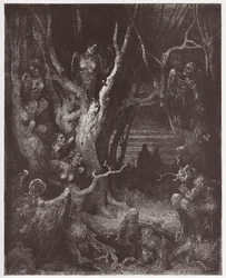 Boska komedia, Piekło, Pieśń 13: Harpie w lesie samobójców - Dante Alighieri (1265-1321) - Ilustracja Gustave