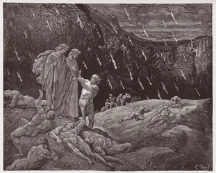 Boska komedia (La Divina Commedia, La Divine Comédie), Piekło, pieśń 15: Brunetto Latini zwraca się do Dantego - Dante Alighieri (1265-1321) - ilustracja Gustave