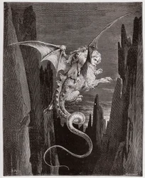 Boska komedia (La Divina Commedia, La Divine Comédie), Piekło, pieśń 17: Zstąpienie w otchłań na grzbiecie Geryona - Dante Alighieri (1265-1321) - Ilustracja Gustave