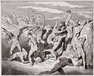 Boska komedia (La Divina Commedia, La Divine Comédie), Piekło, Pieśń 18: Diabły i uwodziciele - Dantego Alighieri (1265-1321) - Ilustracja Gustave